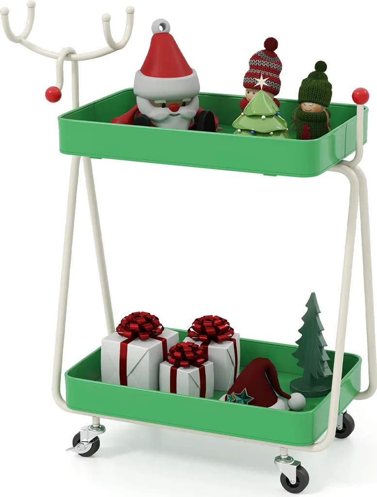 Chariot de cuisine en forme de renne à 2 niveaux pour Noël Vert