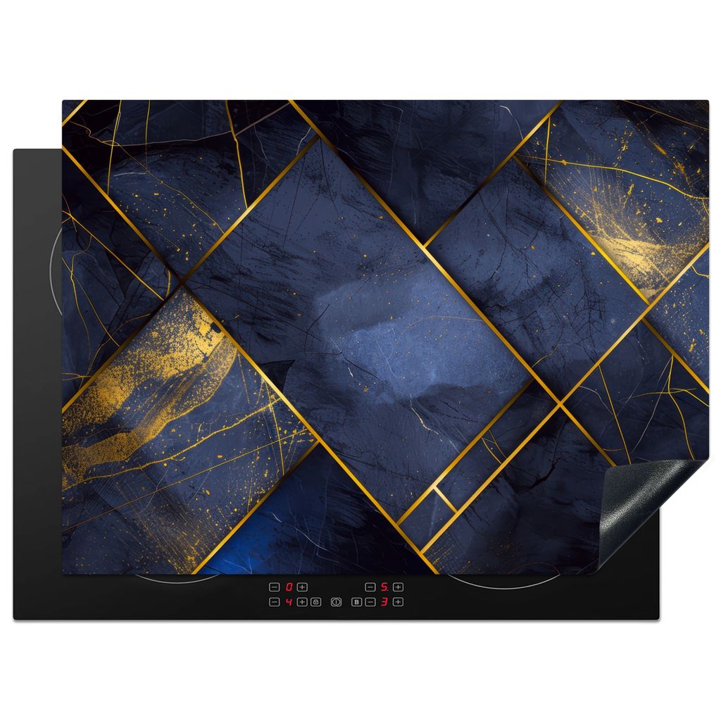 KitchenYeah Herdabdeckplatte Fliese - Blau - Gold - Modern , 71x52cm, Küche Deko, Glaskeramikkochfeld Herdabdeckung, Abdeckplatte fùr Kochfeld