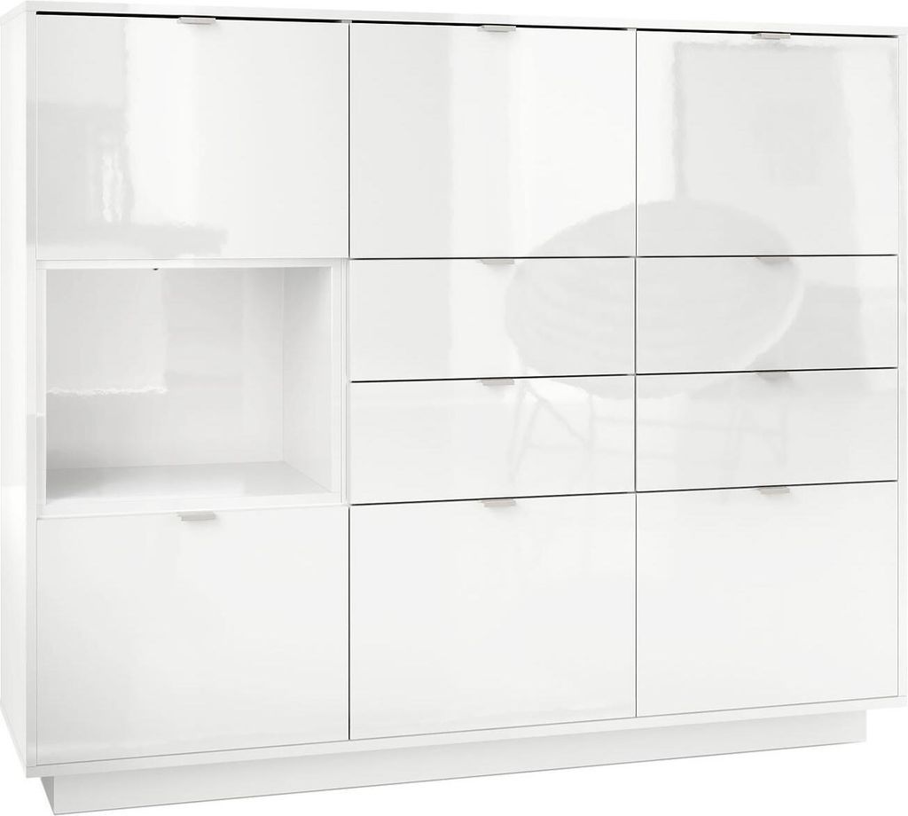 Vladon Highboard Sideboard Metro V2, Germany, Korpus in Weiß Hochglanz / Fronten in Weiß Hochglanz mit Einsatz in Weiß Hochglanz
