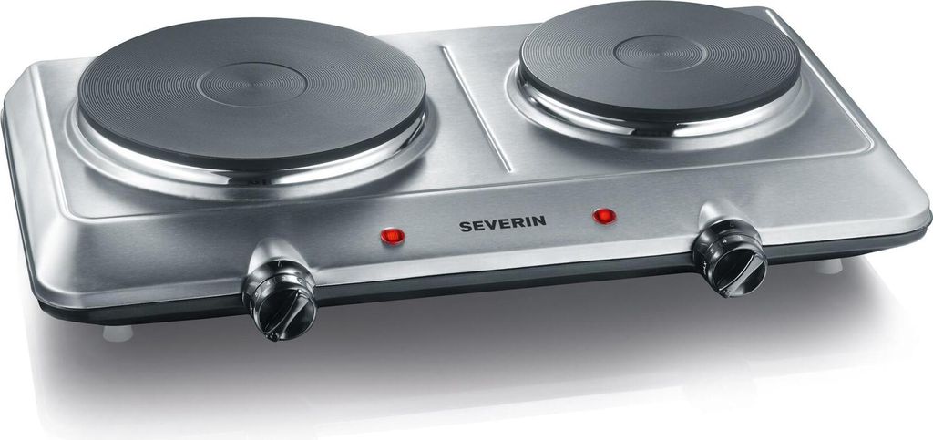 A double electric hot plate is shown from a slightly elevated diagonal front view.