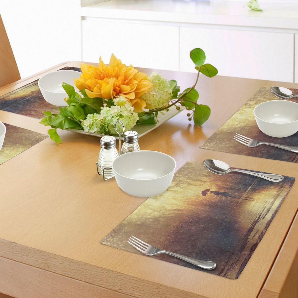 ABAKUHAUS Modern Platzmatten, Schattenbild der einsamen Frau unter Regen mit Regenschirm-drastischem Farben-Bild, Tiscjdeco aus Farbfesten Stoff f...