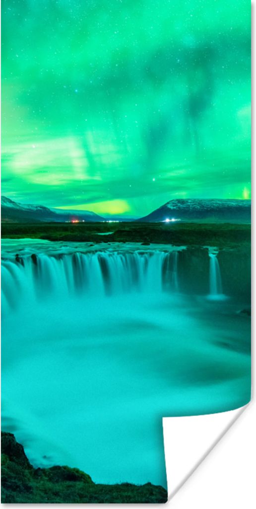 MuchoWow Poster Wasserfall - Island - Nordlichter 80x160 cm - Kinderzimmer