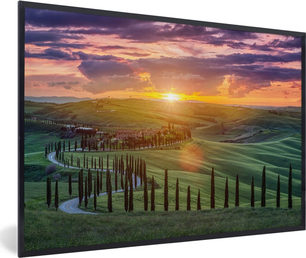 MuchoWow MuchoWow Gerahmtes Poster Italien - Sonnenuntergang - Toskana 90x60 cm - Poster mit zchwarzem Bilderrahmen - Fotorahmen - Foto-Plakat