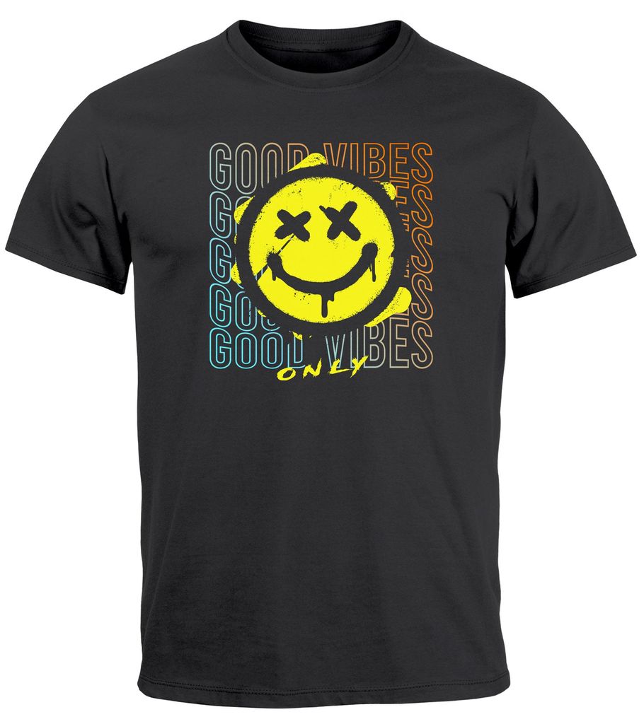 Herren T-Shirt Smiling Face Good Vibes Print Aufdruck Bedruckt Teachwear Fashion Streetstyle Neverless anthrazit 4XL