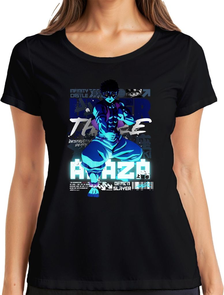Anime maskierter Kämpfer Neon Blau Muskelpose Manga Cosplay Japan Y2K Streetwear Damen T-Shirt, Schwarz, S