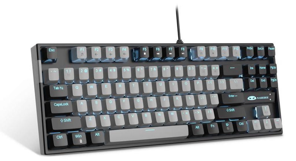 80% Mechanische Gaming Tastatur mit Blue Switches, 87 Tasten USB Keyboard mit blauer Beleuchtung, kabelgebunden schwarz-grau