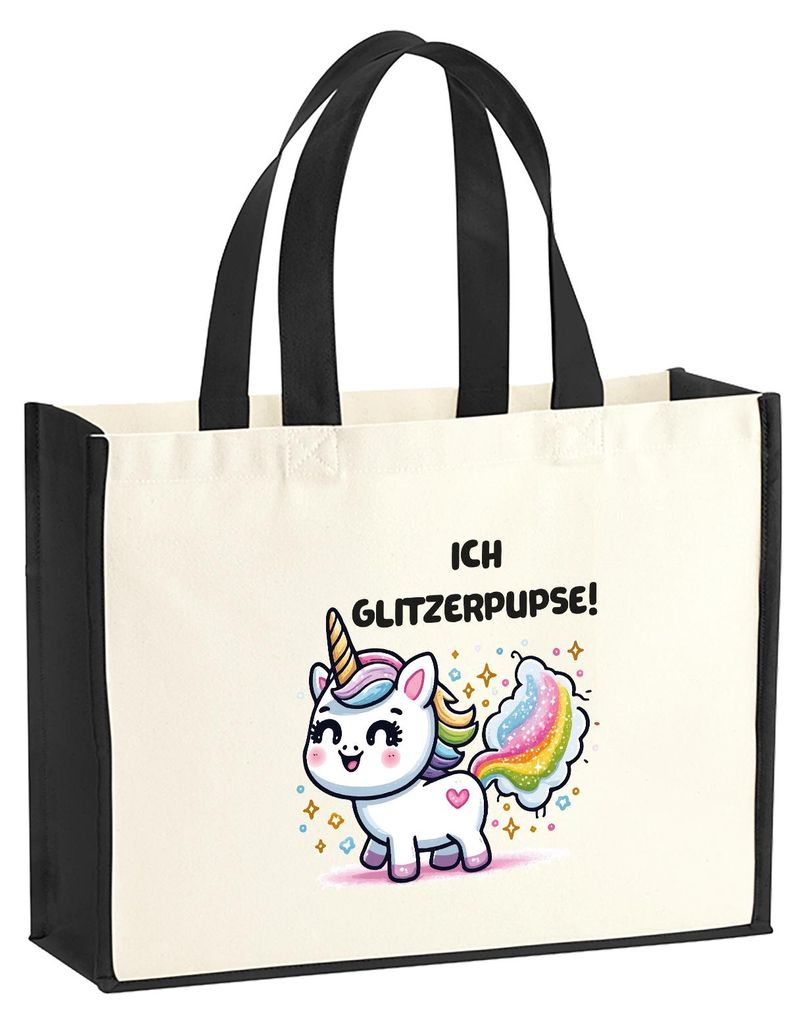 Huuraa Jutetasche Ich Glitzerpupse Einhorn 21 Liter Black Jute und Baumwolle Einkaufstasche Geschenkidee
