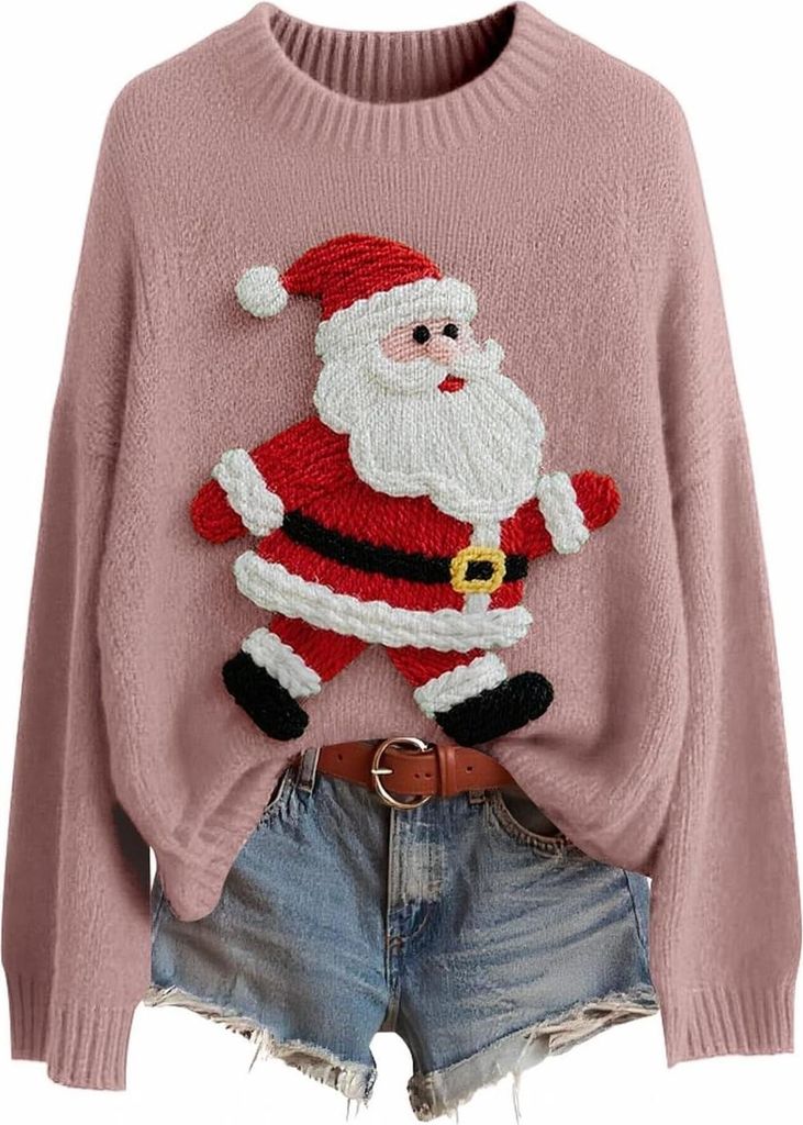 ASKSA Damen Weihnachtspullover,Strickpullover Rundhals Pulli Sweater Herbst Winter Warm Strickpulli Weihnachtspulli (A-Rosa,L)