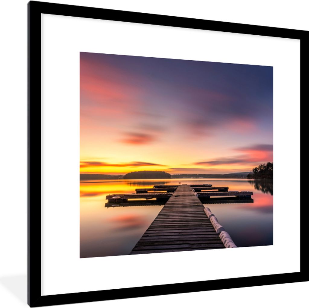 MuchoWow Gerahmtes Poster Steg - Sonnenuntergang - Wasser - Meer - Spiegelung 40x40 cm - Poster mit Schwarzem Bilderrahmen Wandposter Rahmen Foto...