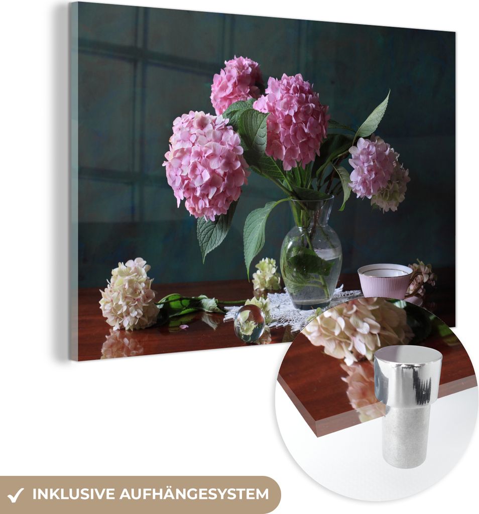 MuchoWow Glasbilder - Bilder auf Wandbild - Foto auf Glas Stilleben Hortensien und Teetasse auf Tisch 120x80 cm Wanddekoration aus Glas - Acrylglas...