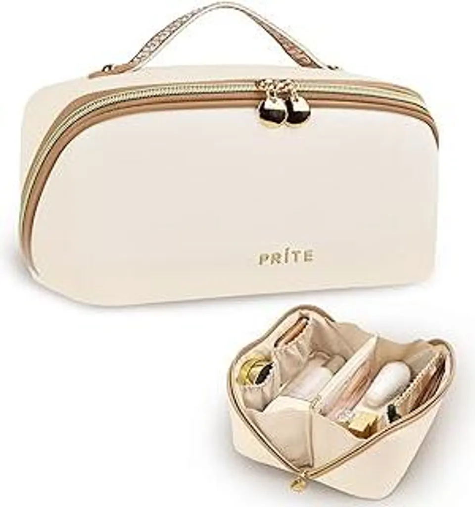 Borsa Porta Trucchi Prite Beige L: Organizer Capiente con Manico e Divisorio