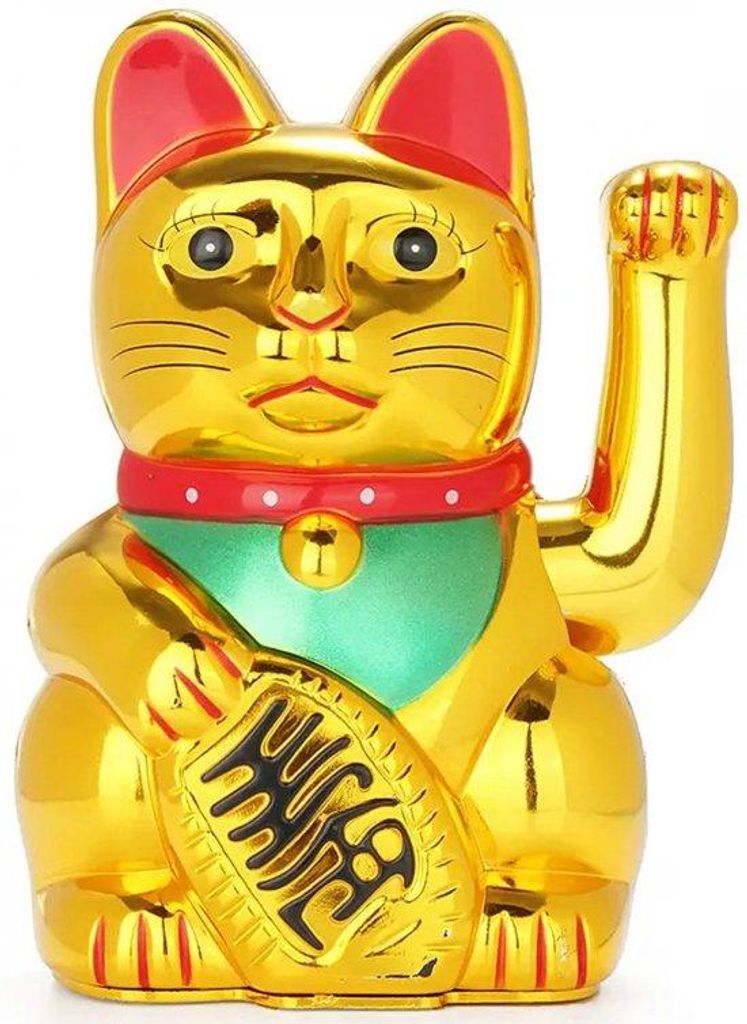 Japanischer Glücksbringer - wuwendes Katzenmodell - 16 cm - batteriebetrieben - gusseisen - goldfarben - wippende Beine