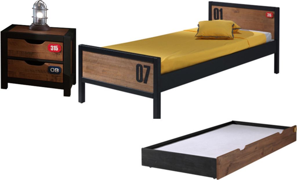 Diese ALEX-Kombination besteht aus einem Bett 90x200cm, einem Lattenrost, einem Rollbett und einem Nachttisch.