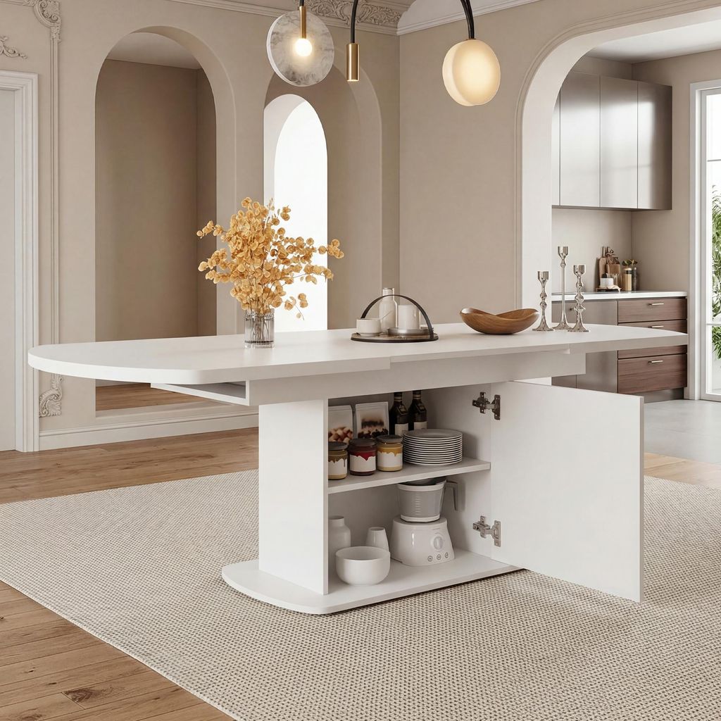 Ausziehbarer Esstisch oval 140-200 cm Küchentisch weiß mit Stauraum Schrank und silbernem Griff moderner minimalistischer Holztisch multifunktional