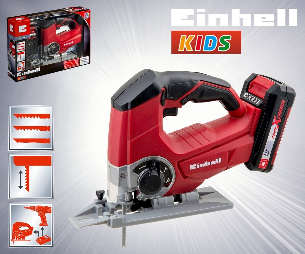 A promotional image of a red and black Einhell KIDS jigsaw with accessories shown in inset boxes.