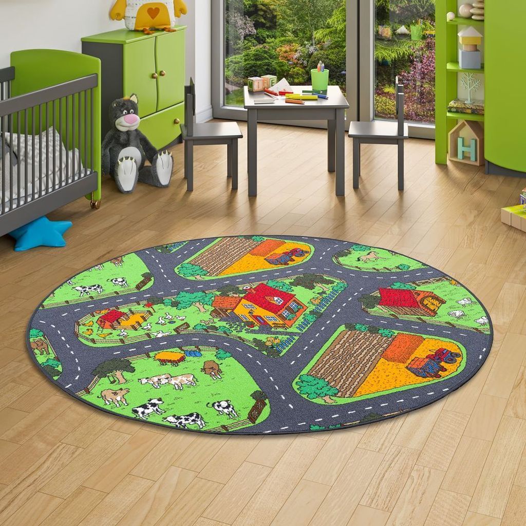 Kinder Spiel Teppich Bauernhof Grün Rund, Größe:400 cm Rund
