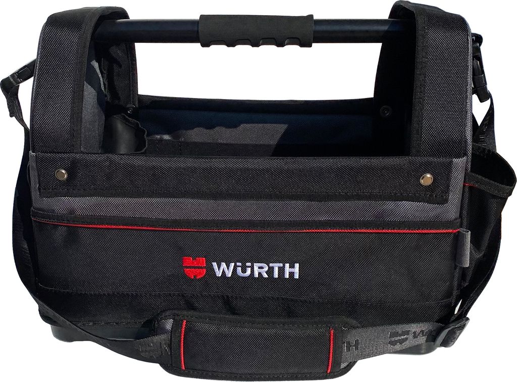 Würth Werkzeugtasche offen mit Kunststoffboden und Produktbild 