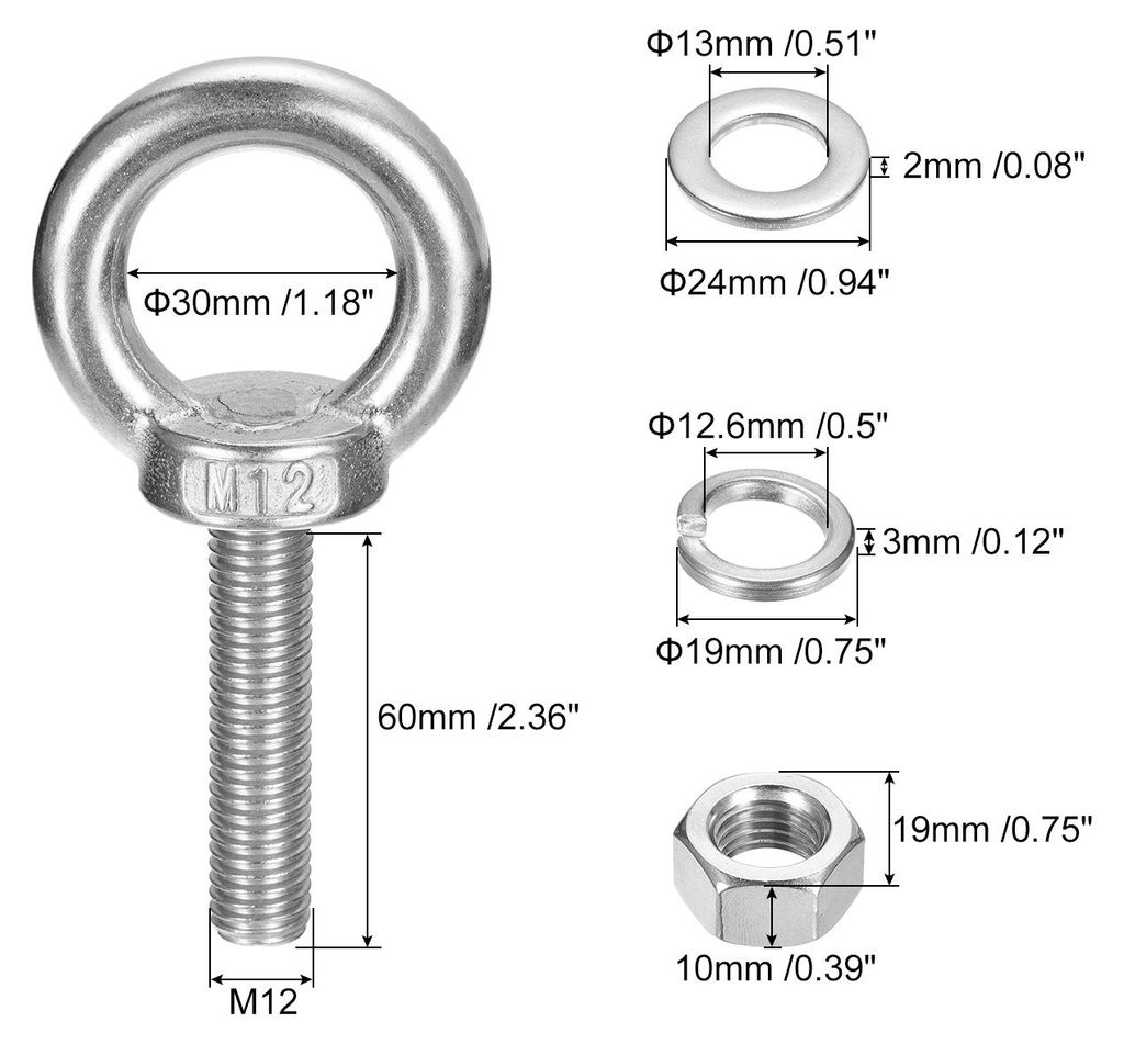 Lifting Eye Bolt, 1 Satz M12 x 60mm Augenschraube mit Mutter Unterlegscheibe 304 Edelstahl Schulter Augenschraube zum Aufh?ngen von Gegenst?nden