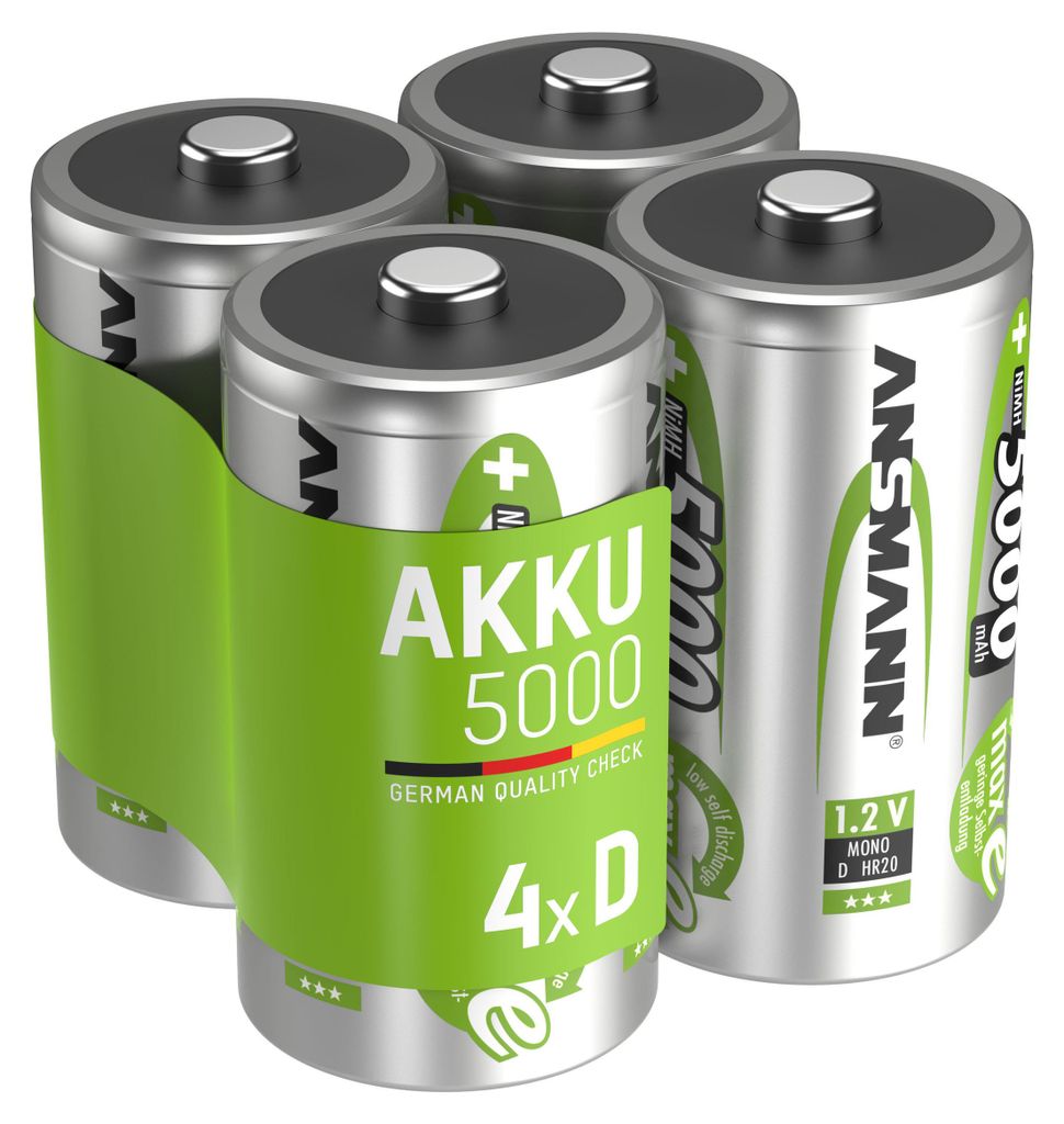 Four D-size rechargeable batteries in a green plastic holder.