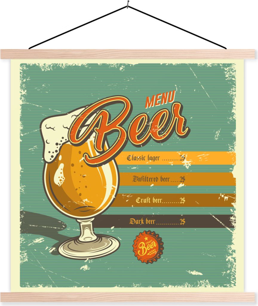 MuchoWow Textilposter Mannshöhle - Bier - Bar - Vintage 40x40 cm mit holzfarbenen Rahmen - Posterleiste