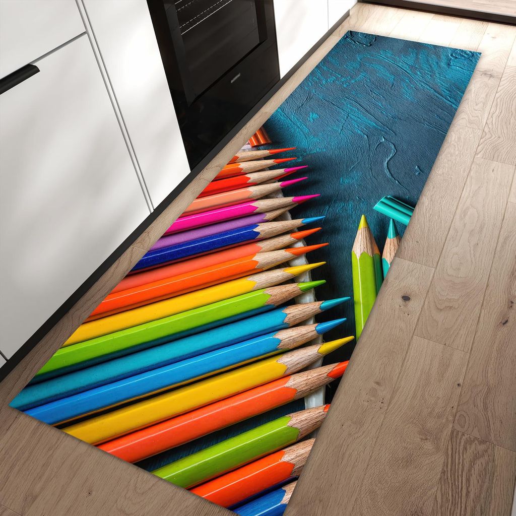 Küchenteppich 80x250cm rutschfest & abwischbar PVC Läufer - Buntstifte auf Holz