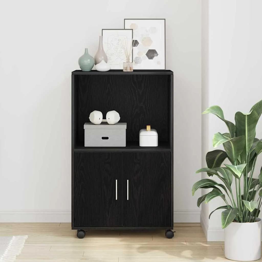 Armoire à roulettes en bois noir et chêne - Rangement compact