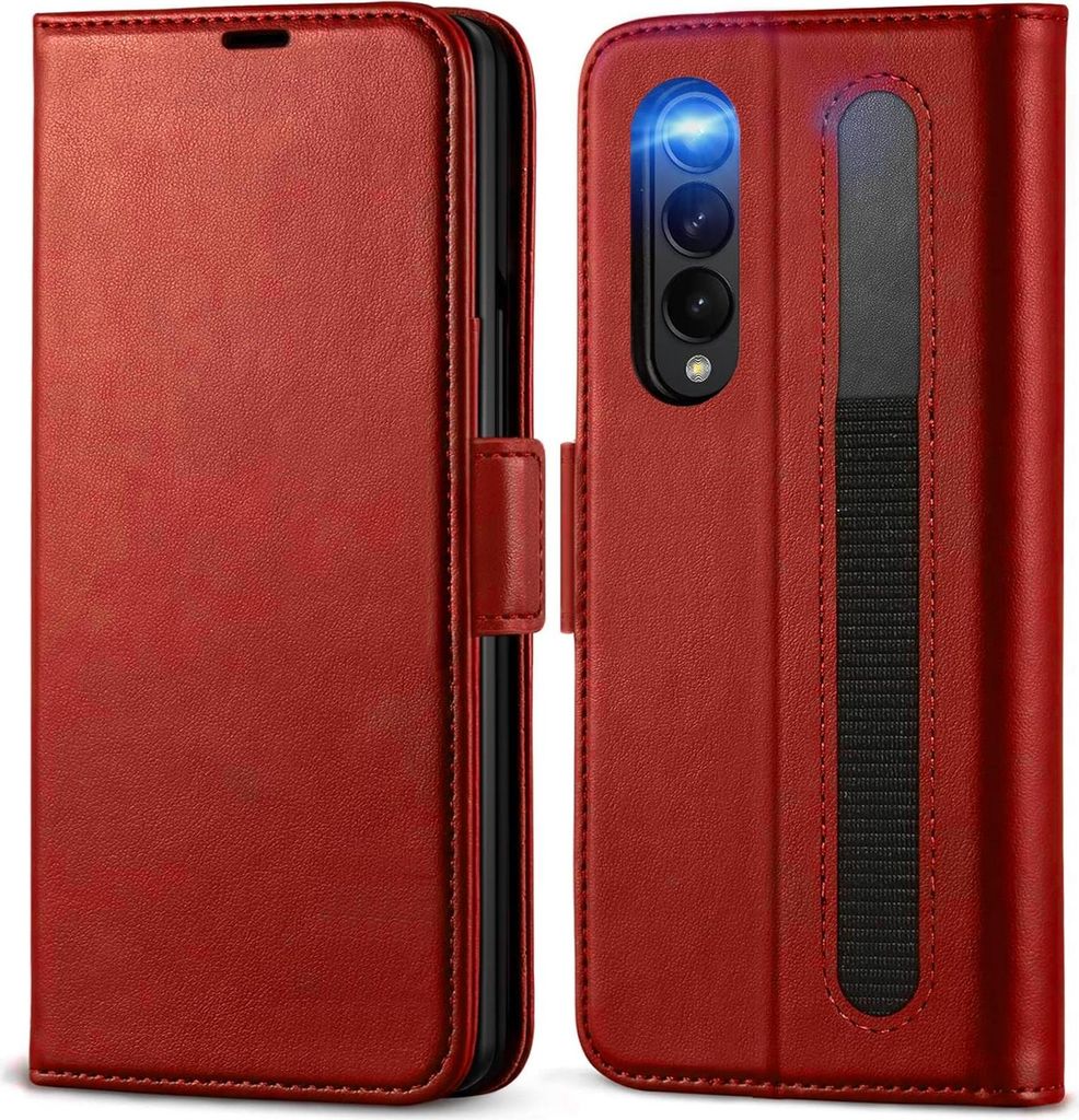 Handyhülle für Samsung Galaxy Z Fold 3 Hülle Flip Case Halter Stift Pen Tasche Schutzhülle, Rot