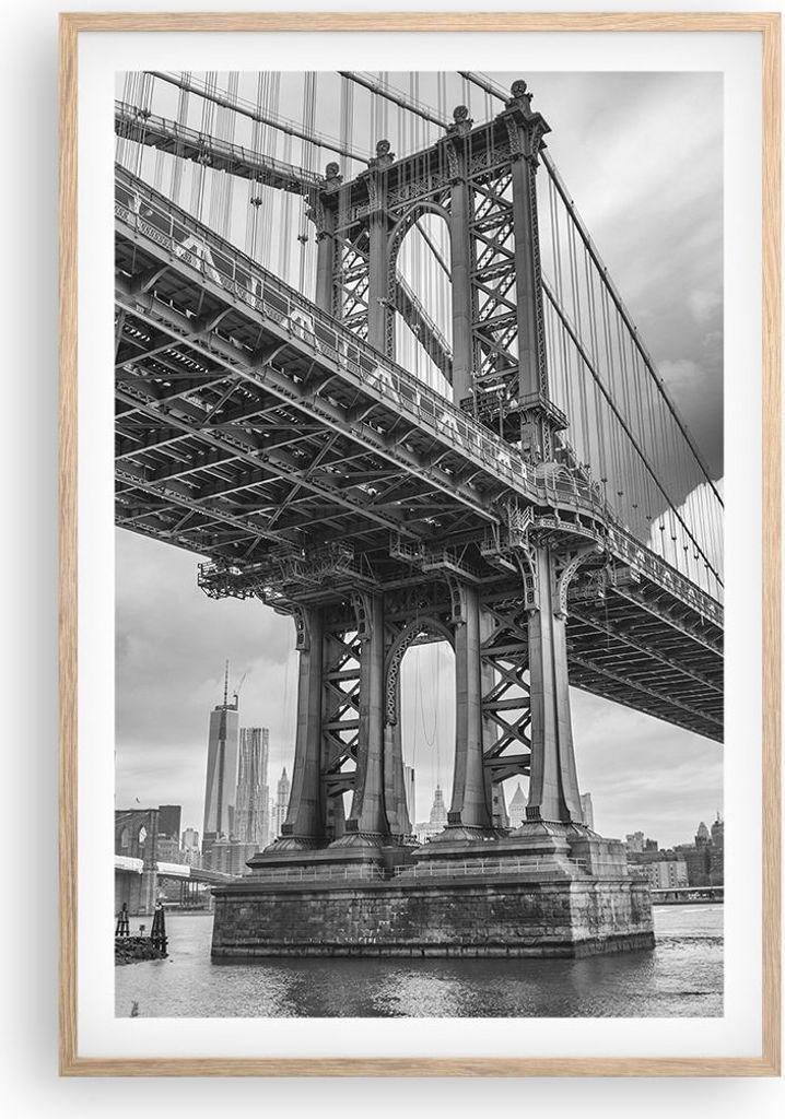 Gerahmtes Poster - Rahmen in heller Eiche - Manhattan Brücke Schwarzweiß - 61x91,5 cm - Wand Bild - Wanddeko - Wandbilder - Wandposter - Bilderra...