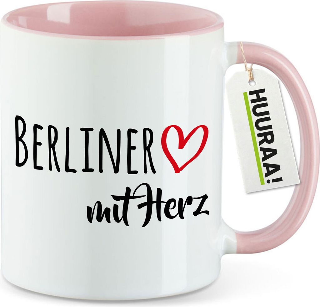 Huuraa Kaffeetasse Berliner mit Herz 330ml Rosa Keramik Kaffeebecher Geschenkidee