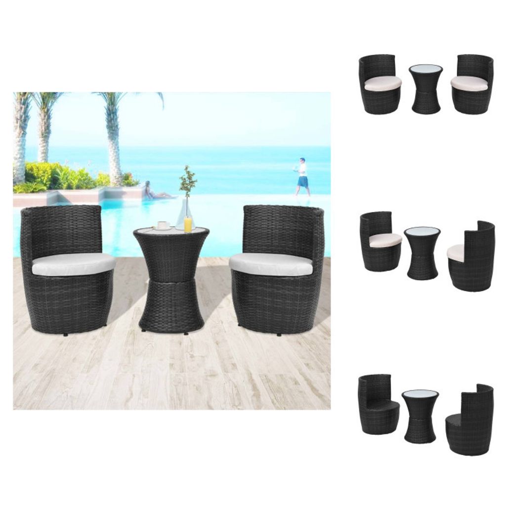 vidaXL 3-tlg. Bistro-Set mit Auflagen Poly Rattan Schwarz - Gartenmöbel-Sets