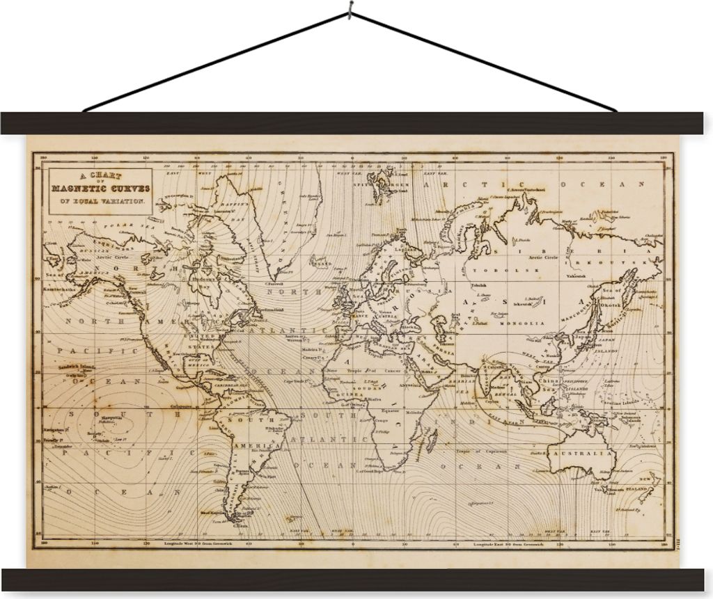 MuchoWow Textilposter Weltkarte - Vintage - Braun - Pädagogisch 120x80 cm mit schwarzem Rahmen - Wanddeko