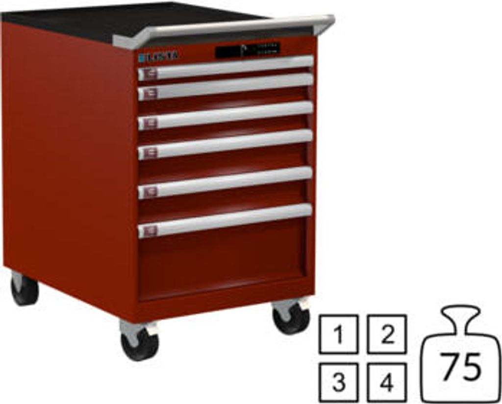Lista Schubladenschrank - fahrbar - 78.549.070 - 890 x 564 x 725 mm (HxBxT) - 6 Schubladen - 75 kg - Code Lock - rubinrot (RAL 3003)