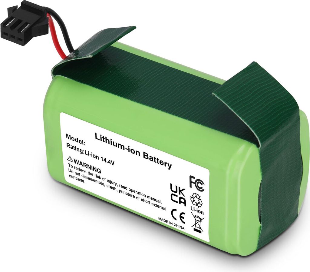 A green lithium-ion battery pack with a black connector and wires, set against a white background.