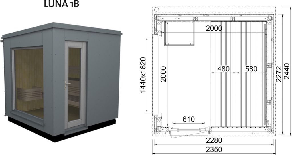 Infraworld Luna 1 Außensauna mit HPL-Platten Anthrazit versch. Fenstergrößen und Inneneinrichtung Luna 1B - Panorama-Fenster (BxH): 1440 x 1620 ...