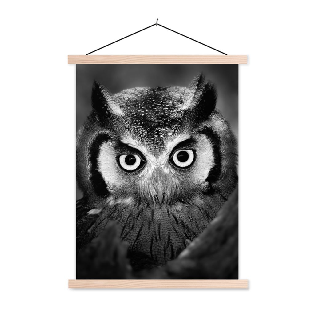MuchoWow Textilposter Vogel - Eule - Porträt - Schwarz - Weiß 60x80 cm mit holzfarbenen Rahmen - Wandbild