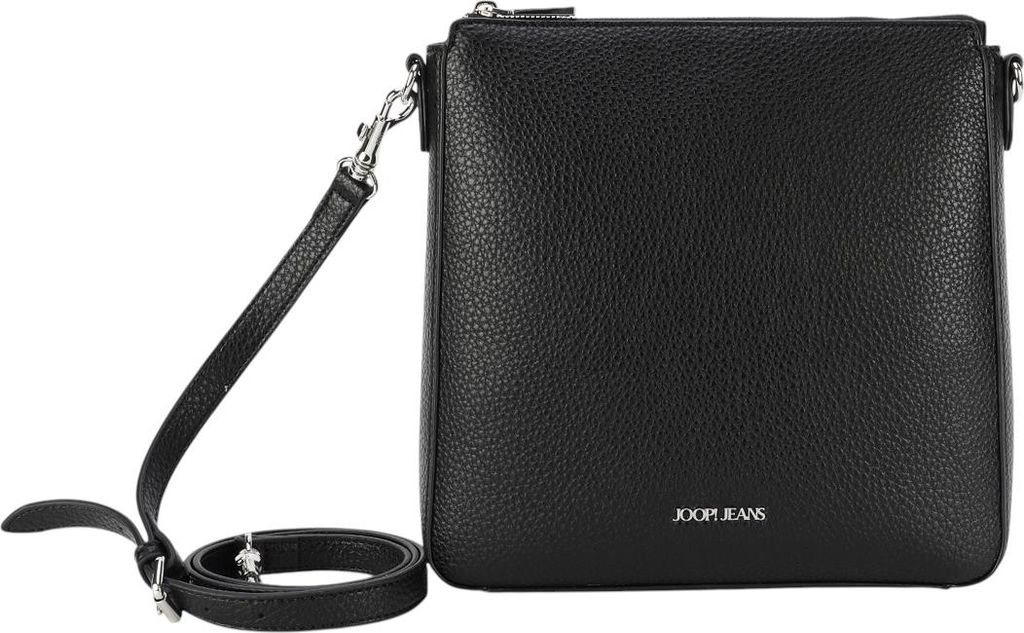 A black leather shoulder bag with a strap is shown against a white background.
