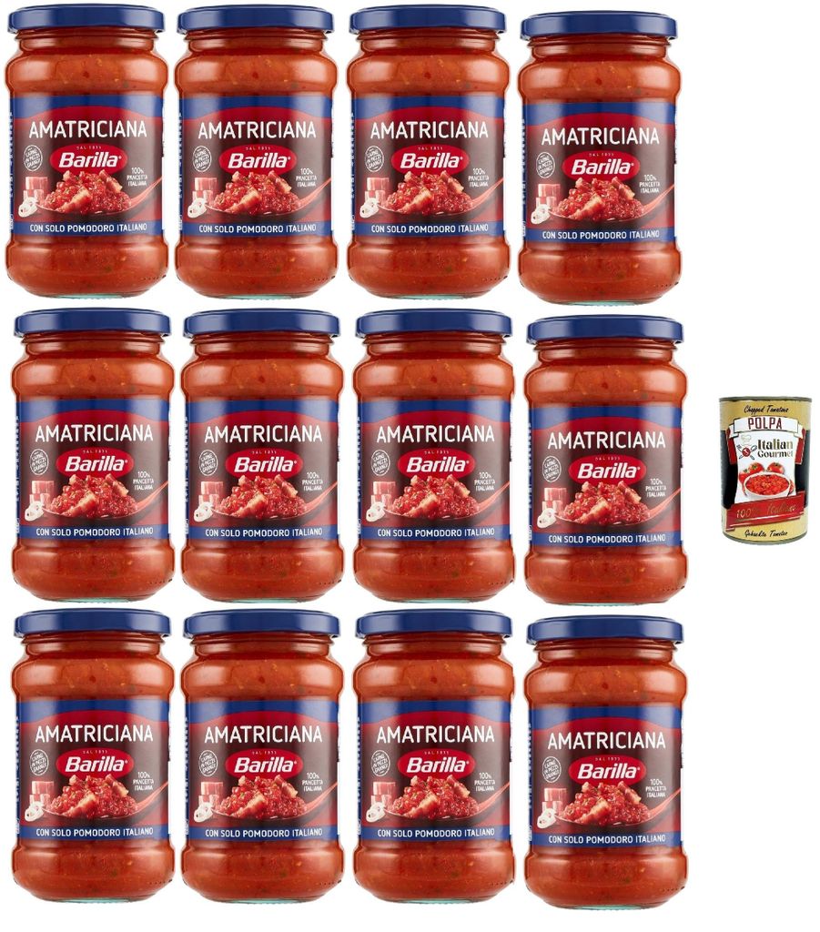 Barilla Amatriciana Pasta-Sauce – 12 x 300 g (3,6 kg) | Mit 100% italienischer Pancetta & Tomaten – stückig, servierfertig, für Spaghetti & B...