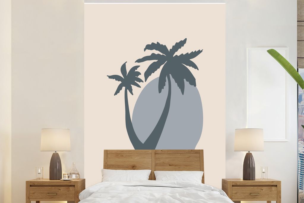 MuchoWow Fototapete für Wohnzimmer oder Schlafzimmer Wandtapete Vinyl Motivtapete Palme - Pastell - Blau - Sonne - 225x350 cm - Schlafzimmer tapete