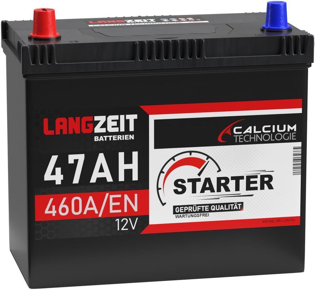 LANGZEIT ASIA Autobatterie 47Ah 12V 460A/EN ASIA Batterie Plus-Pol Links ersetzt 45Ah
