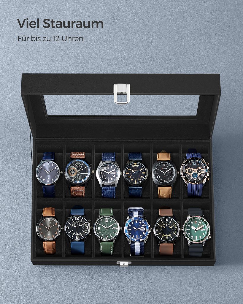 SONGMICS Uhrenbox Uhrenkasten, mit 12 Fächern, Glasdeckel, Produktbild 