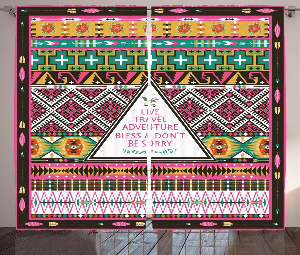 Rideau de Salon Bohème Rose 280x225 cm avec Boucles et Crochets Inclus