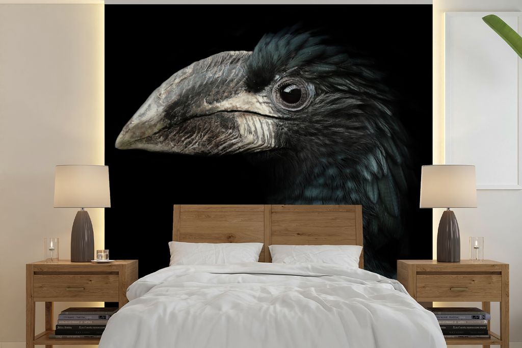 MuchoWow Fototapete für Wohnzimmer oder Schlafzimmer Wandtapete Vinyl Motivtapete Vogel - Porträt - Hornvogel - Schwarz - Tiere - 350x350 cm - ...