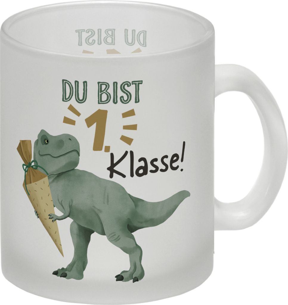 Dino mit Schultüte Glas Tasse mit Spruch Du bist 1. Klasse!