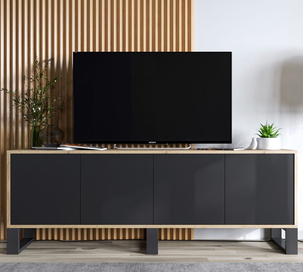 Loft TV-Schrank TV-Lowboard Apollo 2 Viertürig Drei Metallfüße Modern Lindner Möbel 150cm x 53cm x 35cm Farbe: Wotan Eiche matt - schwarz matt