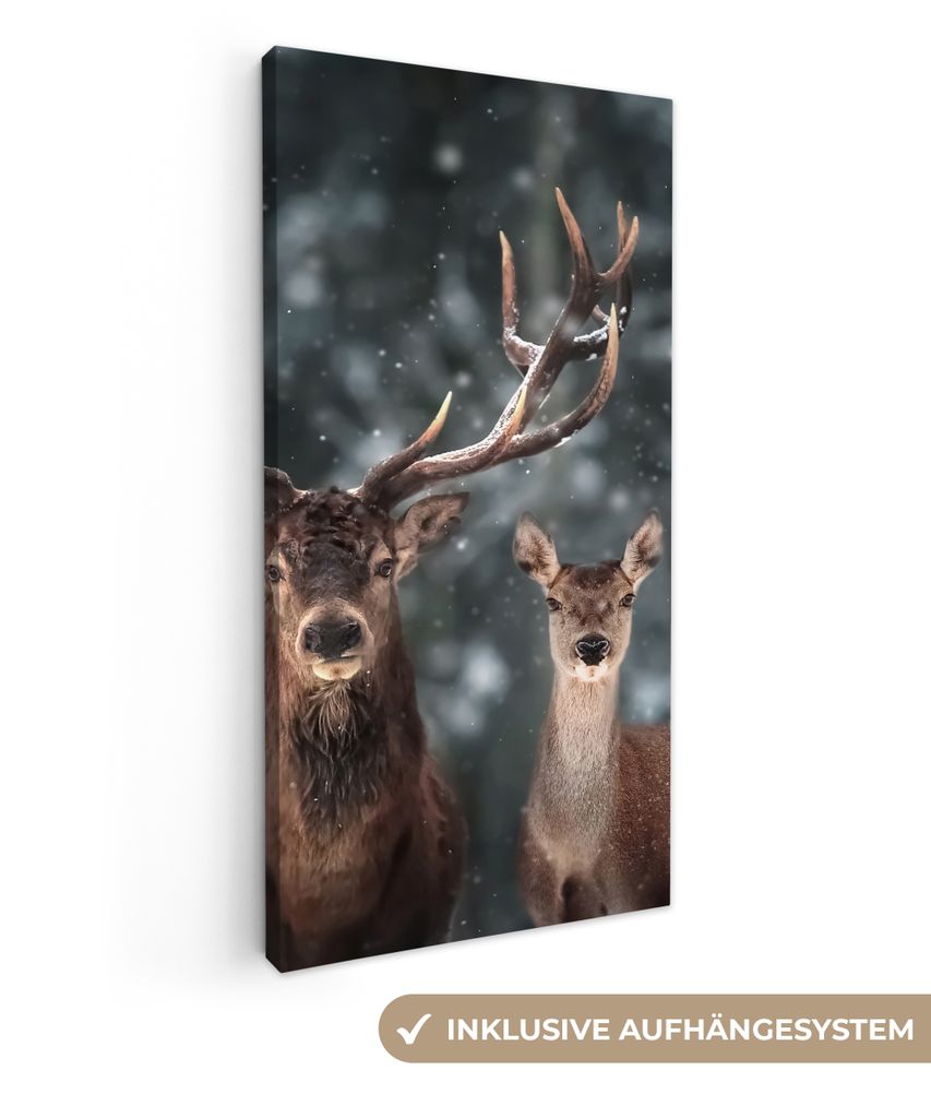 MuchoWow - Leinwandbilder - Hirsche - Tiere - Winter - Geweih - Schnee - Natur, Wandbild, Wanddeko Bilder Wohnzimmer, 20x40 cm