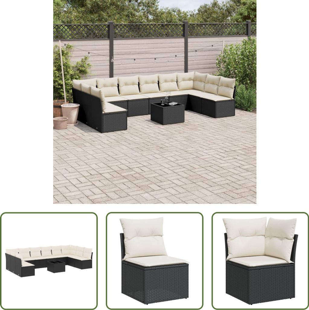 The Living Store 11-tlg. Garten-Sofagarnitur mit Kissen Schwarz Poly Rattan