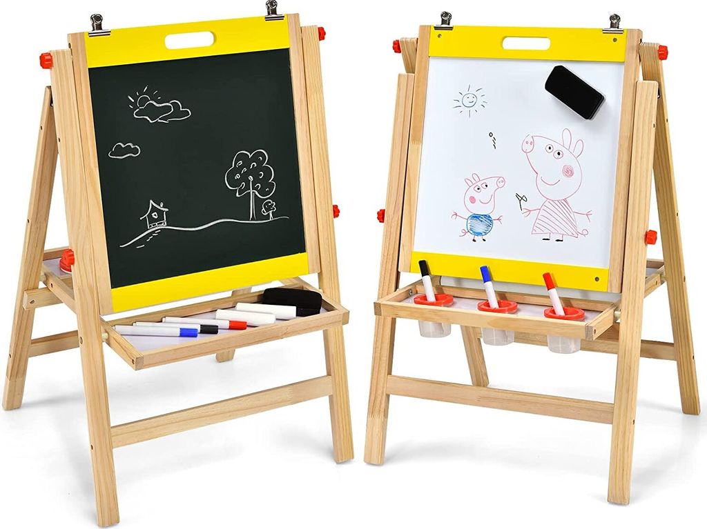 GOPLUS Staffelei Kindertafel Doppelseitig Faltbar Höhenverstellbar Standtafel, mit Kreide Tafelradierer Whiteboardmarker, ab 3 Jahren