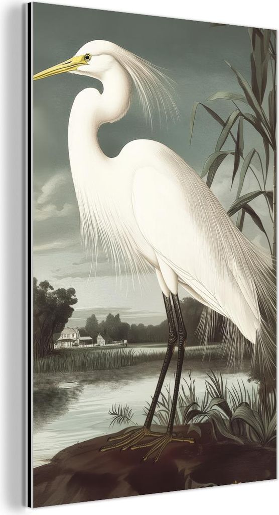 MuchoWow Wanddekoration Metall Metallbild Wandkunst 100x150 cm Reiher - Pflanzen - Wolken - Weiß MuchoWow Aluminium Gemälde - Bild
