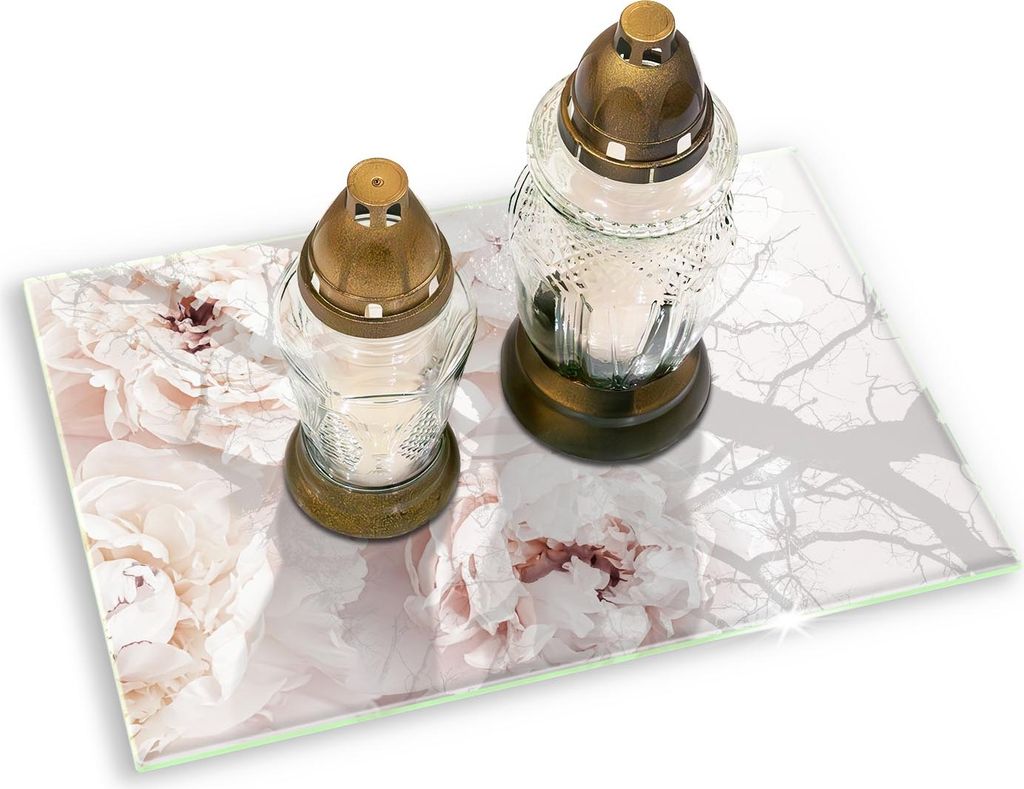 Glasplatte für Grabkerzen Gummifüße Glas Motiv - 80x52 cm - Pastellfarbene Pfingstrosen