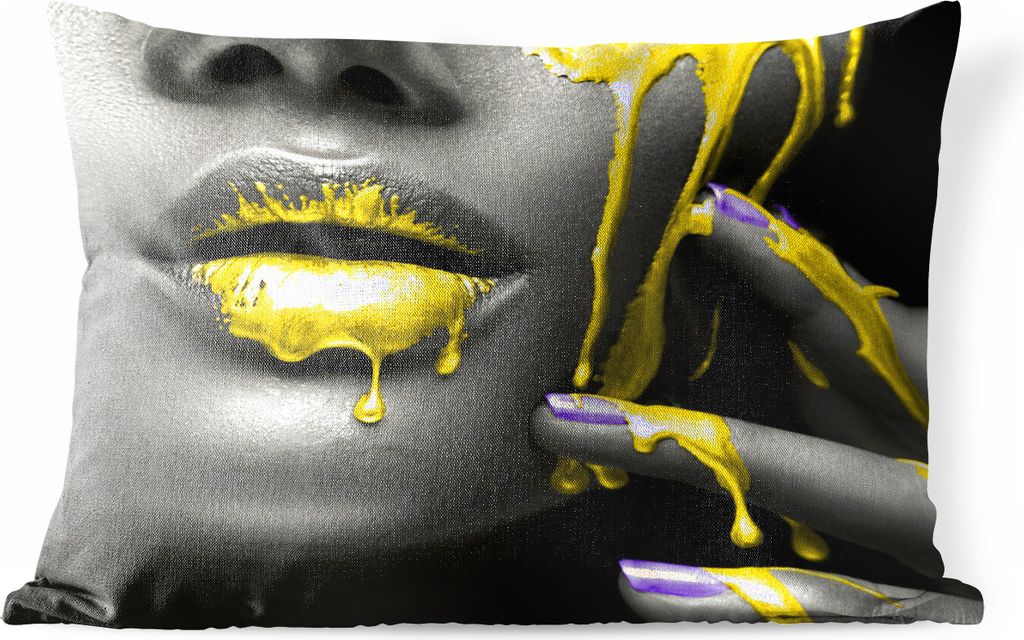 MuchoWow Outdoor Kissen - Lippen - Gelb - Schwarz - 50x30 cm - Wetterfest - Lounge Kissen - Sofa kissen - Wohnzimmer Dekoration